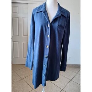 Soft Surroundings Womens Blouse Tunic Large Button Front  Long Sleeve Navy Blue